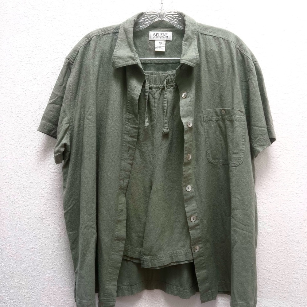 Selene Sport 100% Silk Olive Button-Up Shirt & Short Set